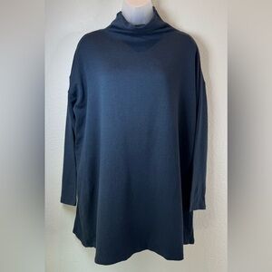 Eileen‎ Fisher Tencel Organic Cotton Navy Mock Neck Fleece Lined Top PL NWT